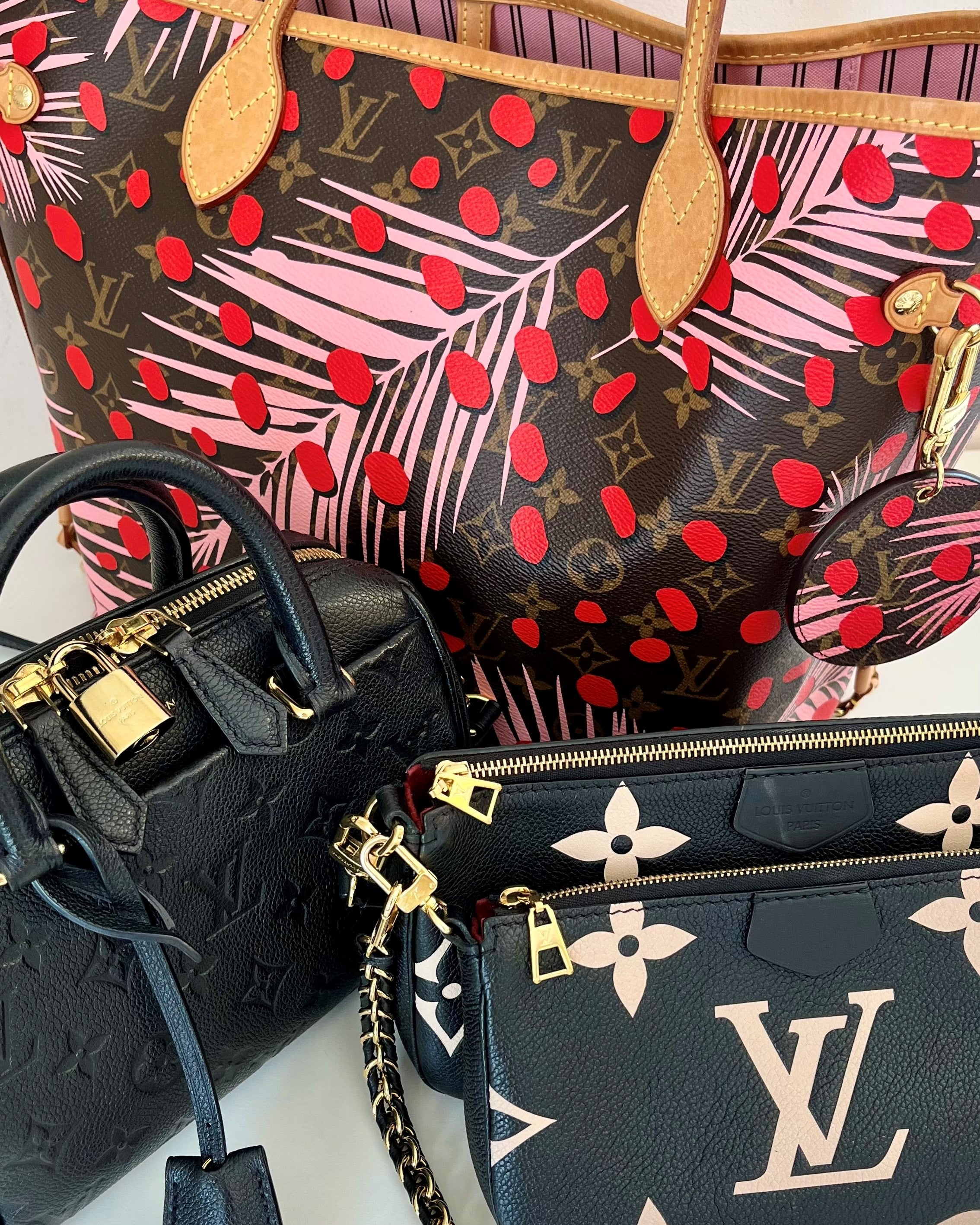 A collection of Louis Vuitton handbags.
