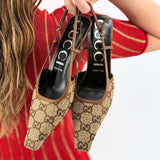 GUCCI CANVAS CRYSTAL HEELS BROWN 39.5 EU | 9 US