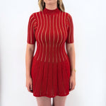 MISSONI metallic red knit dress with vertical stripes, crew neck, short sleeves