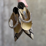Snake-print heeled mules with rhinestone trim, open back, pointed toe