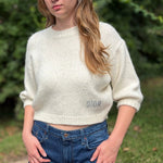 Dior cream knit sparkle sweater with crew neck and small DIOR logo