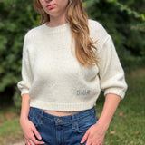 Dior cream knit sparkle sweater with crew neck and small DIOR logo