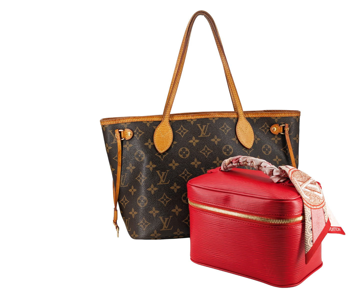 Two Louis Vuitton handbags on a white background