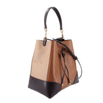 Brown/black colorblock medium bucket crossbody with top handles and shoulder strap
