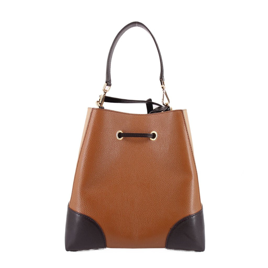 Brown medium bucket crossbody with black colorblock panels and metal drawstring ring