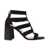 PRADA SUEDE BLOCK HEEL CAGE SANDALS BLACK 38.5 EU | 8.5 US