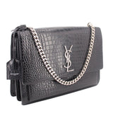 SAINT LAURENT SUNSET CROC SHOULDER BAGS BLACK MEDIUM