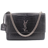 SAINT LAURENT SUNSET CROC SHOULDER BAGS BLACK MEDIUM