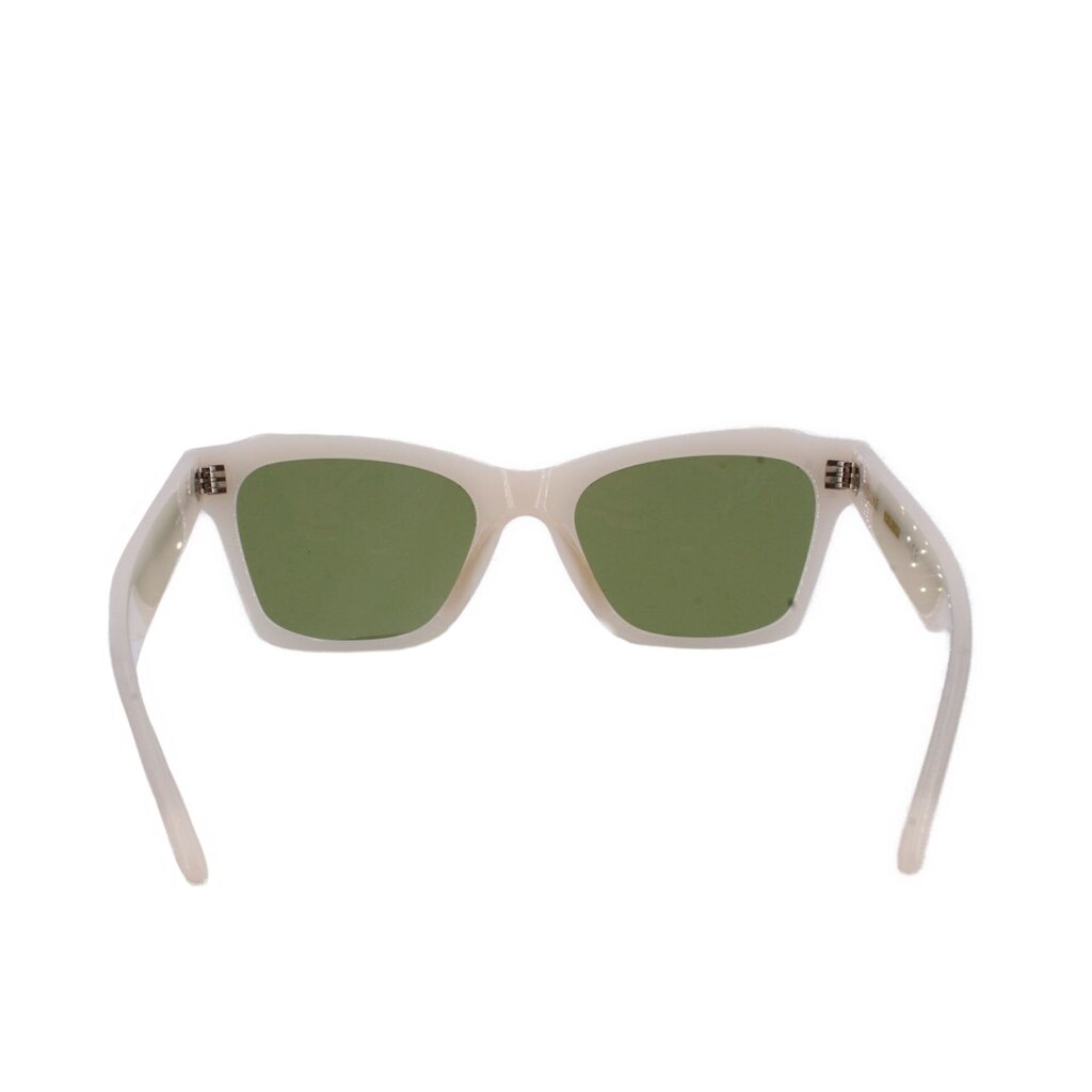 White cat-eye sunglasses with green lenses and pointed corners