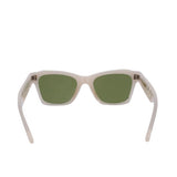 White cat-eye sunglasses with green lenses and pointed corners