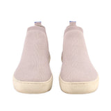 Pair of Chelsea ankle booties with light gray knit uppers and beige rubber soles