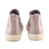 Back view of Chelsea ankle booties with light gray knit fabric and beige soles