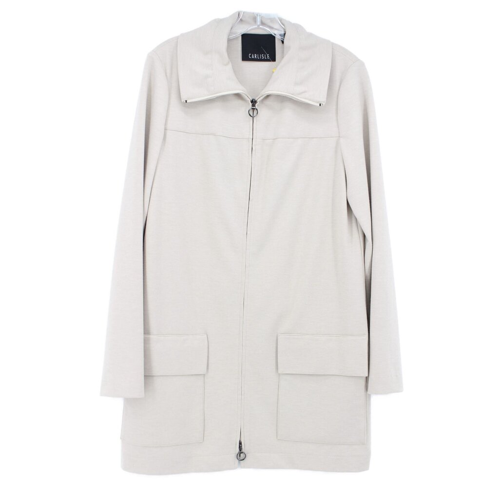 Taupe zip jacket with stand collar, front zipper, and two patch pockets