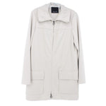 Taupe zip jacket with stand collar, front zipper, and two patch pockets