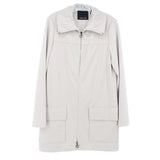 Taupe zip jacket with stand collar, front zipper, and two patch pockets