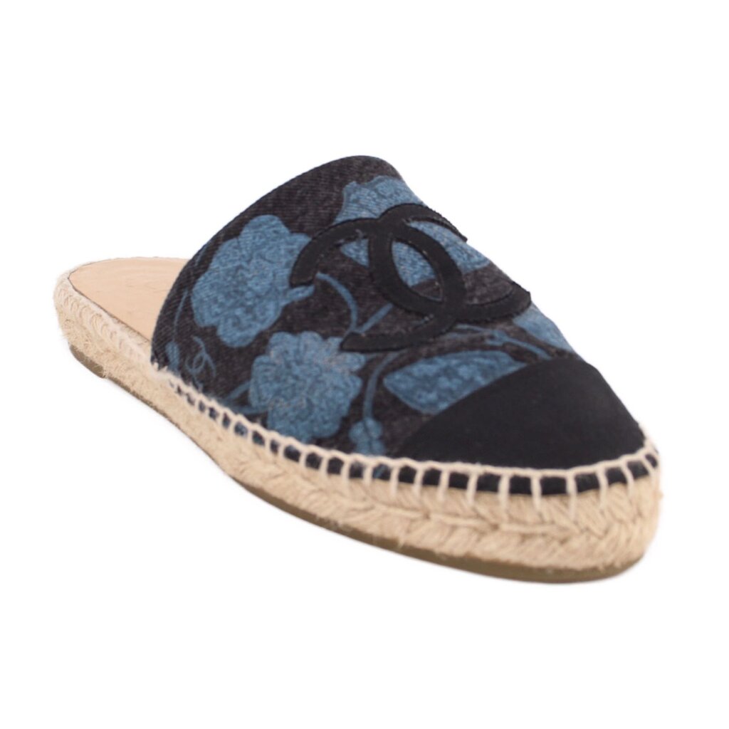Blue canvas espadrille flats with black CC logo print and jute sole