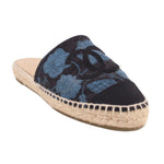 Blue canvas espadrille flats with black CC logo print and jute sole