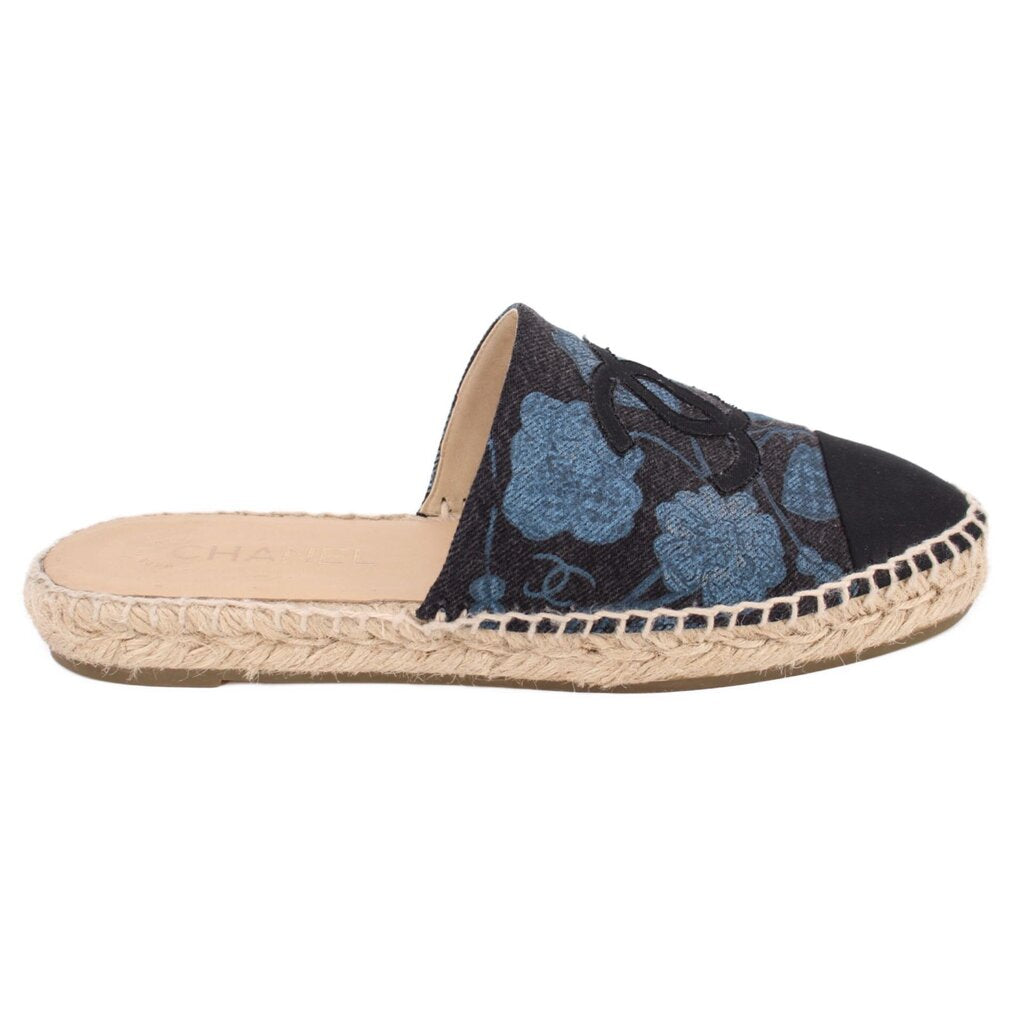 Blue espadrille flats with black CC logo print, braided jute sidewall
