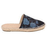 Blue espadrille flats with black CC logo print, braided jute sidewall