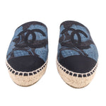 Blue and black espadrille flats with CC logo print and jute trim