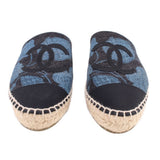 Blue and black espadrille flats with CC logo print and jute trim
