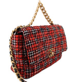 Red tweed flap shoulder bag with gold chain strap and front turn-lock clasp