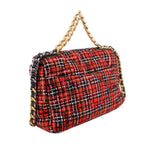 Red tweed flap shoulder bag with mixed gold-tone and black chain straps