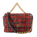 Red tweed flap shoulder bag with gold chain strap and quilted plaid front