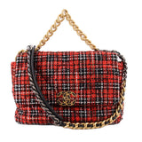 CHANEL red tweed 19 flap shoulder bag with gold-tone and black chain straps