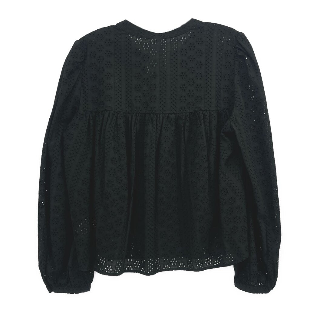 Black eyelet top with rounded yoke and long puff sleeves