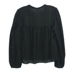 Black eyelet top with rounded yoke and long puff sleeves