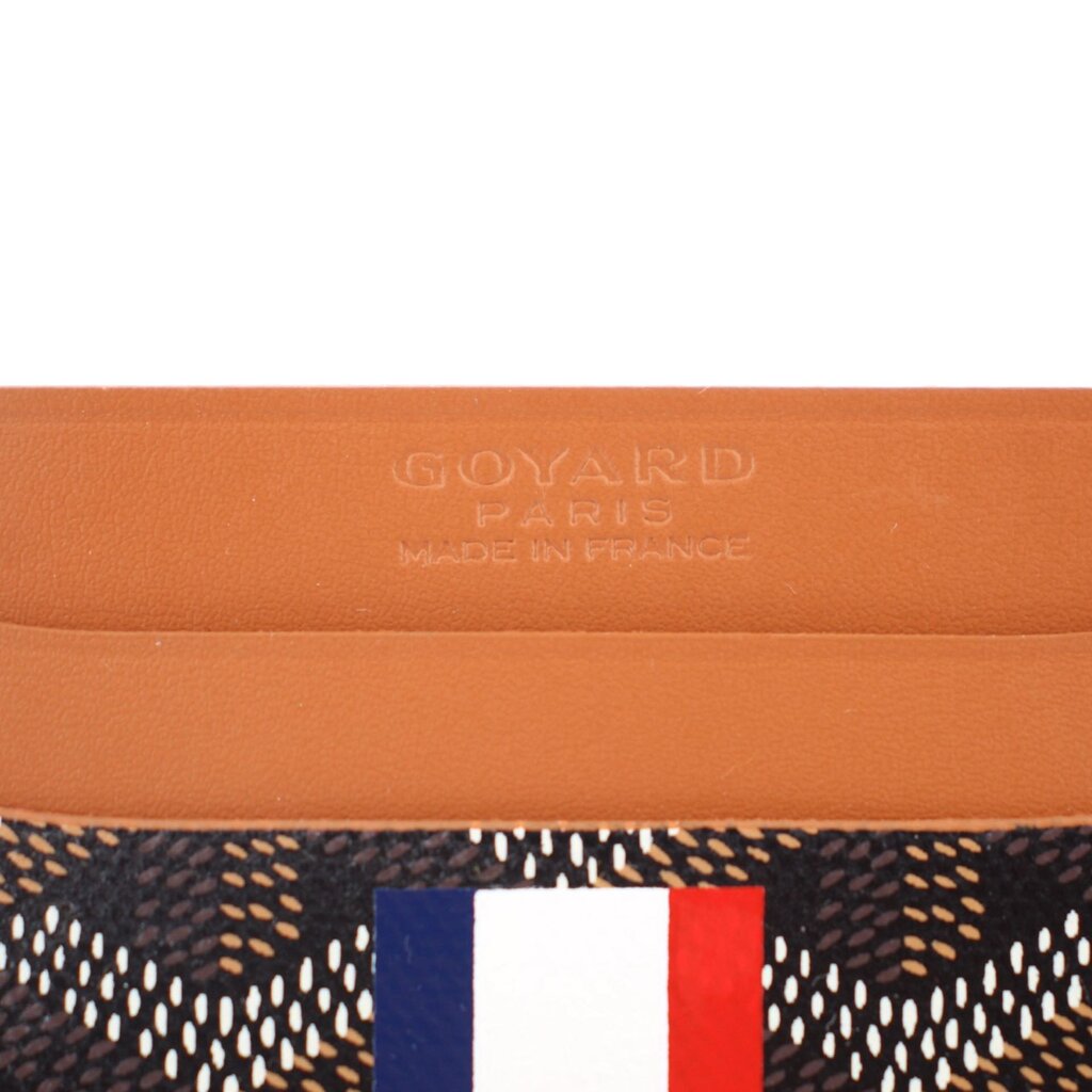 Men’s card case wallet, orange interior lining with “GOYARD PARIS” stamp and tricolor detail