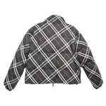 Plaid puffer jacket with hood, zip front, and elastic cuffs (rear view)