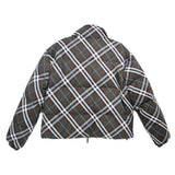 Plaid puffer jacket with hood, zip front, and elastic cuffs (rear view)