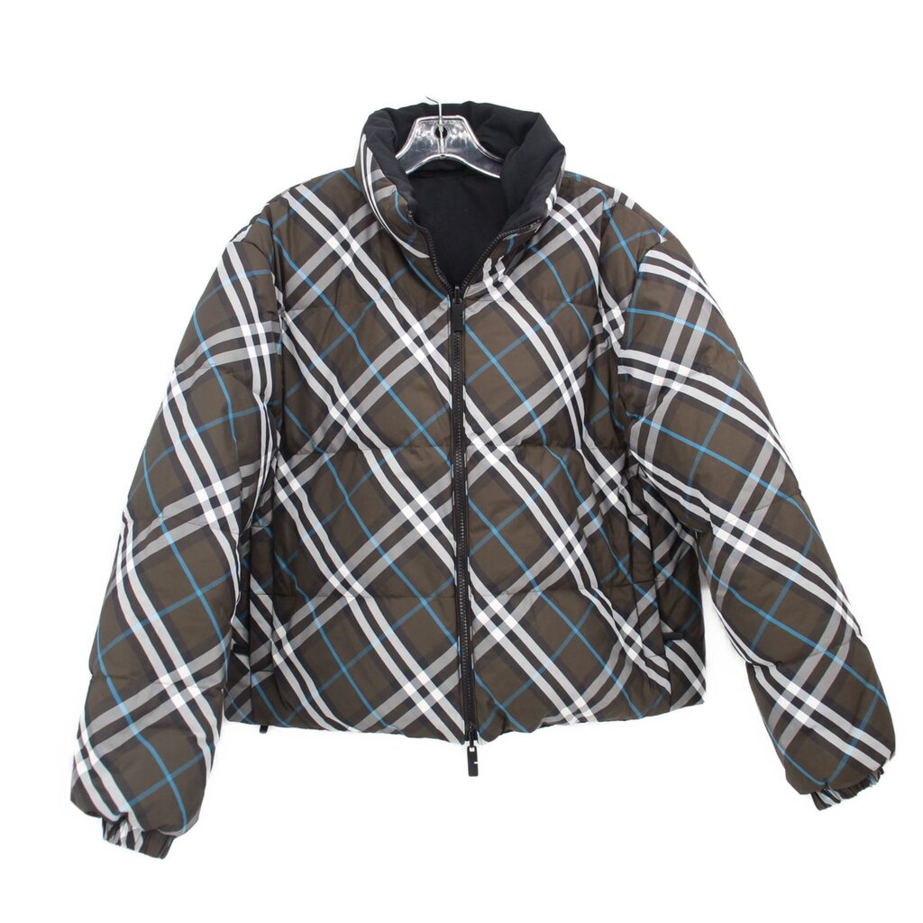 Reversible puffer outerwear with plaid quilted shell, zip front, hooded collar