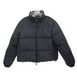 Black puffer jacket with hood, full-length zip front, and elastic sleeve cuffs