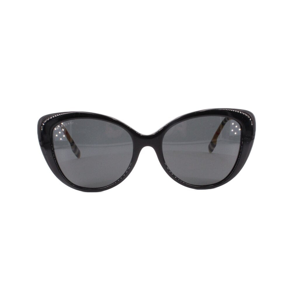 Cat-eye sunglasses, black frames with dark lenses, glossy finish