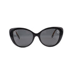 Cat-eye sunglasses, black frames with dark lenses, glossy finish