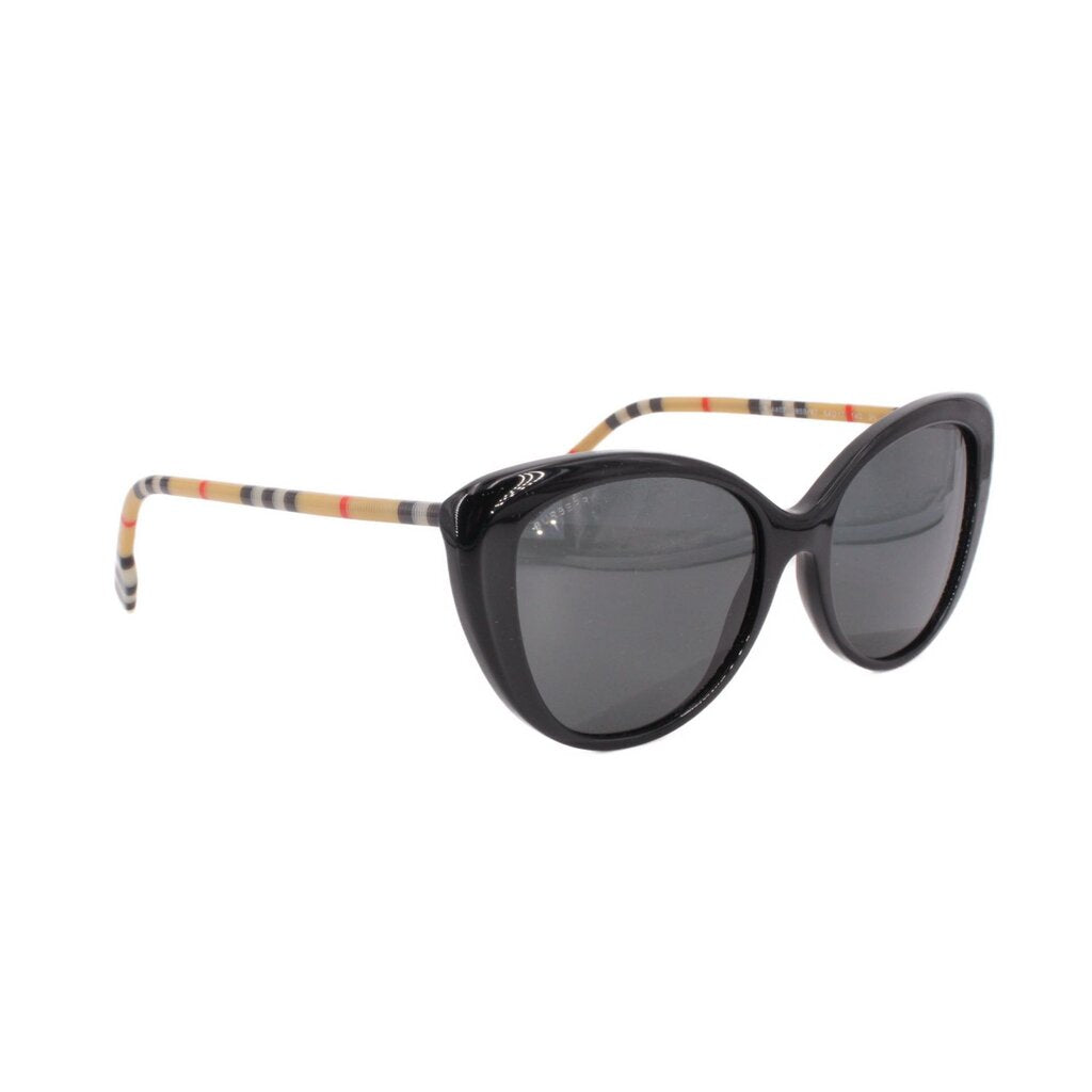 Cat-eye sunglasses with dark lenses; check-pattern arms in black, beige, red accents