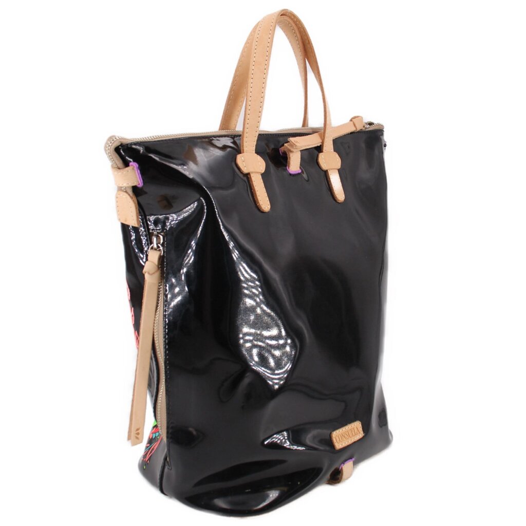 Bolsa tote Rita sling negra tipo charol con asas de cuero y cierre