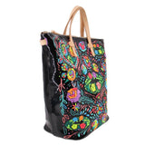 Rita sling crossbody negro con flores multicolor y asa de cuero