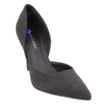 Black fabric pointed-toe stiletto heel pump, side view.