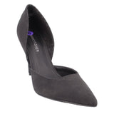 Black fabric pointed-toe stiletto heel pump, side view.