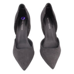 Black fabric pointed-toe stiletto heel pumps, front view pair.