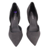 Black fabric pointed-toe stiletto heel pumps, front view pair.