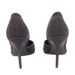 Black fabric pointed-toe stiletto heel pumps, back view with slender heel.