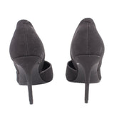 Black fabric pointed-toe stiletto heel pumps, back view with slender heel.