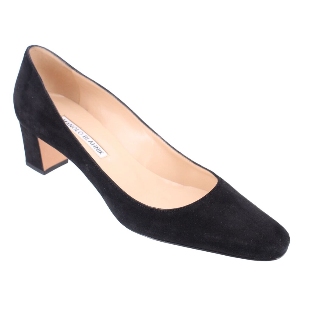 Black suede block-heel pumps with pointed toe