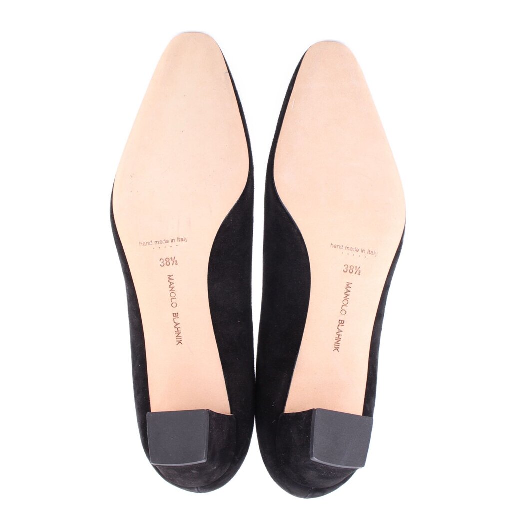 Black suede pumps soles and size markings on footbeds