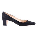 Black suede pointed-toe pump showing side profile and block heel.